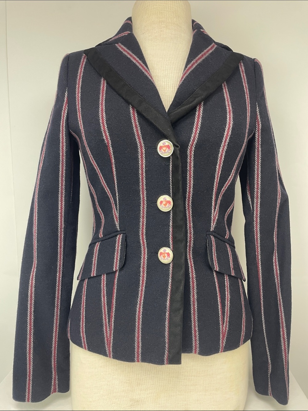Zara Navy Blazer with Pink and Purple Pinstripes, Size L